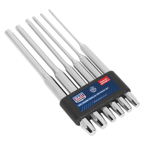 The Sealey Parallel Pin Punch Set, model AK9128L, includes six 200mm pin punches made from Chrome Vanadium steel with silver shafts and comes in a black holder. Designed for professional use, these Premier Hand Tools offer durability and reliability.