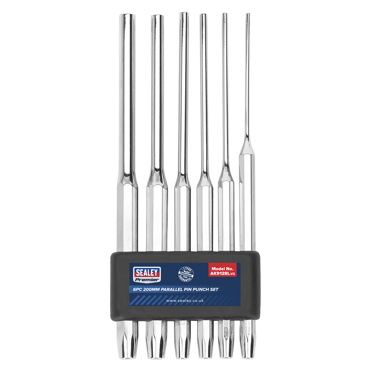 The Sealey Parallel Pin Punch Set 6pc 200mm - AK9128L, designed for professional use, features six Chrome Vanadium steel punches housed in a black holder.