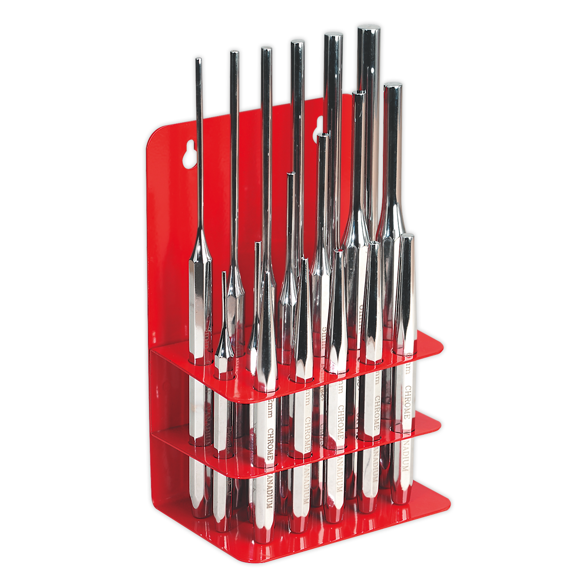 A Sealey Punch Set 17pc (AK9130) organized in a red three-tier stand, perfect for professional use.