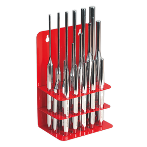 A Sealey Punch Set 17pc (AK9130) organized in a red three-tier stand, perfect for professional use.