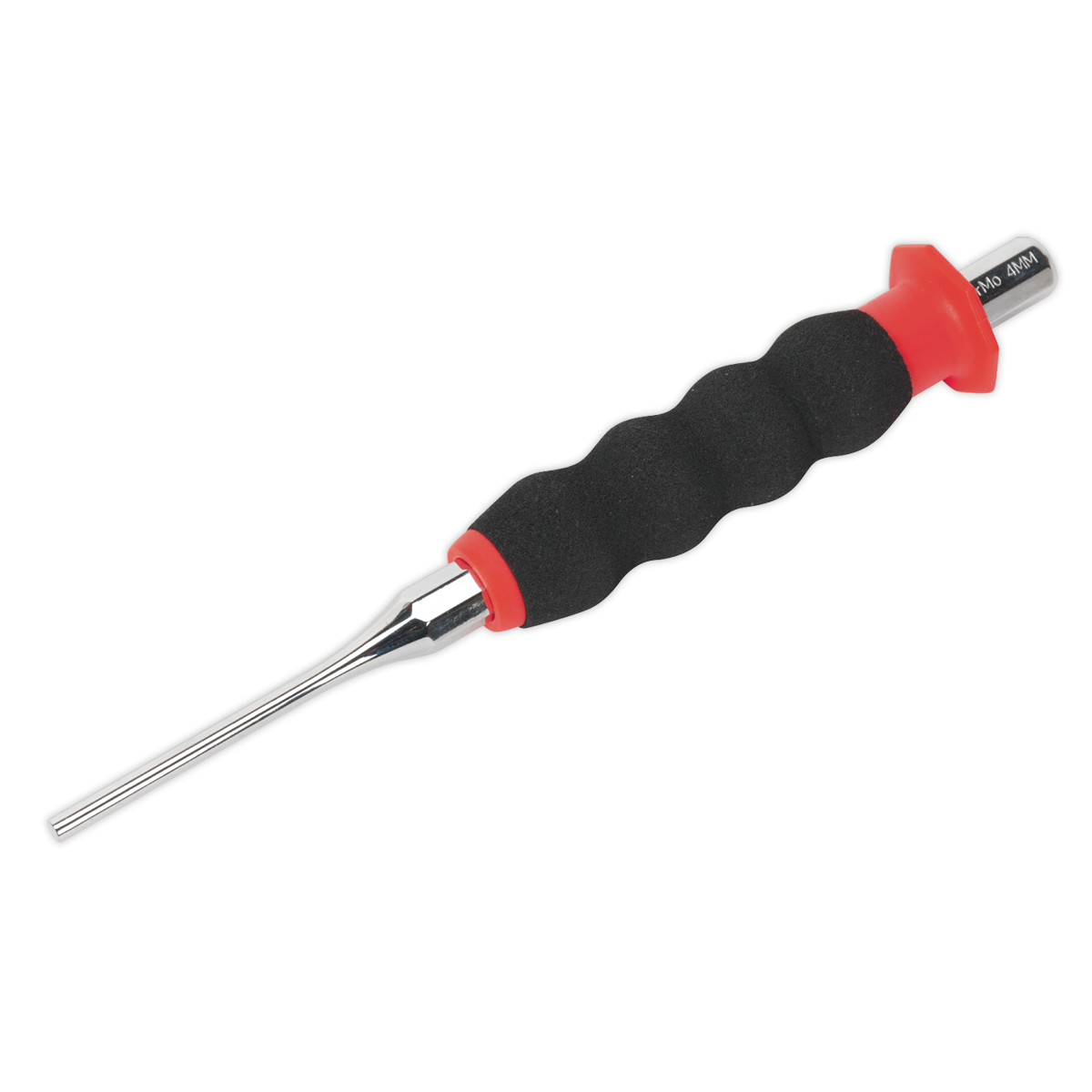 The Sheathed Parallel Pin Punch Ø4mm - AK91314 by Sealey features a black ergonomic grip with a red accent near the handle and is crafted from Chrome Molybdenum steel, making it ideal for professional use.