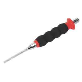 The Sheathed Parallel Pin Punch Ø4mm - AK91314 by Sealey features a black ergonomic grip with a red accent near the handle and is crafted from Chrome Molybdenum steel, making it ideal for professional use.