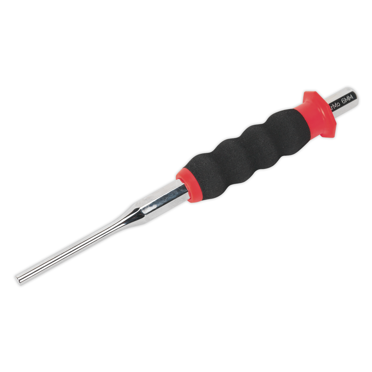 The Sheathed Parallel Pin Punch Ø6mm - AK91316 by Sealey is crafted from durable Chrome Molybdenum steel and features a metal rod with a black, ergonomically designed handle with red accents on both ends. This tool is ideal for professionals who demand quality and precision and is part of the prestigious Premier Hand Tools collection.