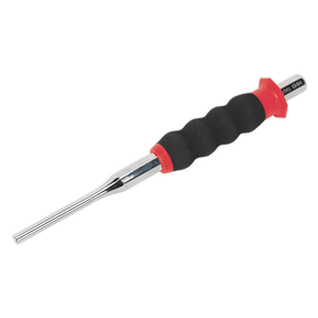 The Sheathed Parallel Pin Punch Ø6mm - AK91316 by Sealey is crafted from durable Chrome Molybdenum steel and features a metal rod with a black, ergonomically designed handle with red accents on both ends. This tool is ideal for professionals who demand quality and precision and is part of the prestigious Premier Hand Tools collection.