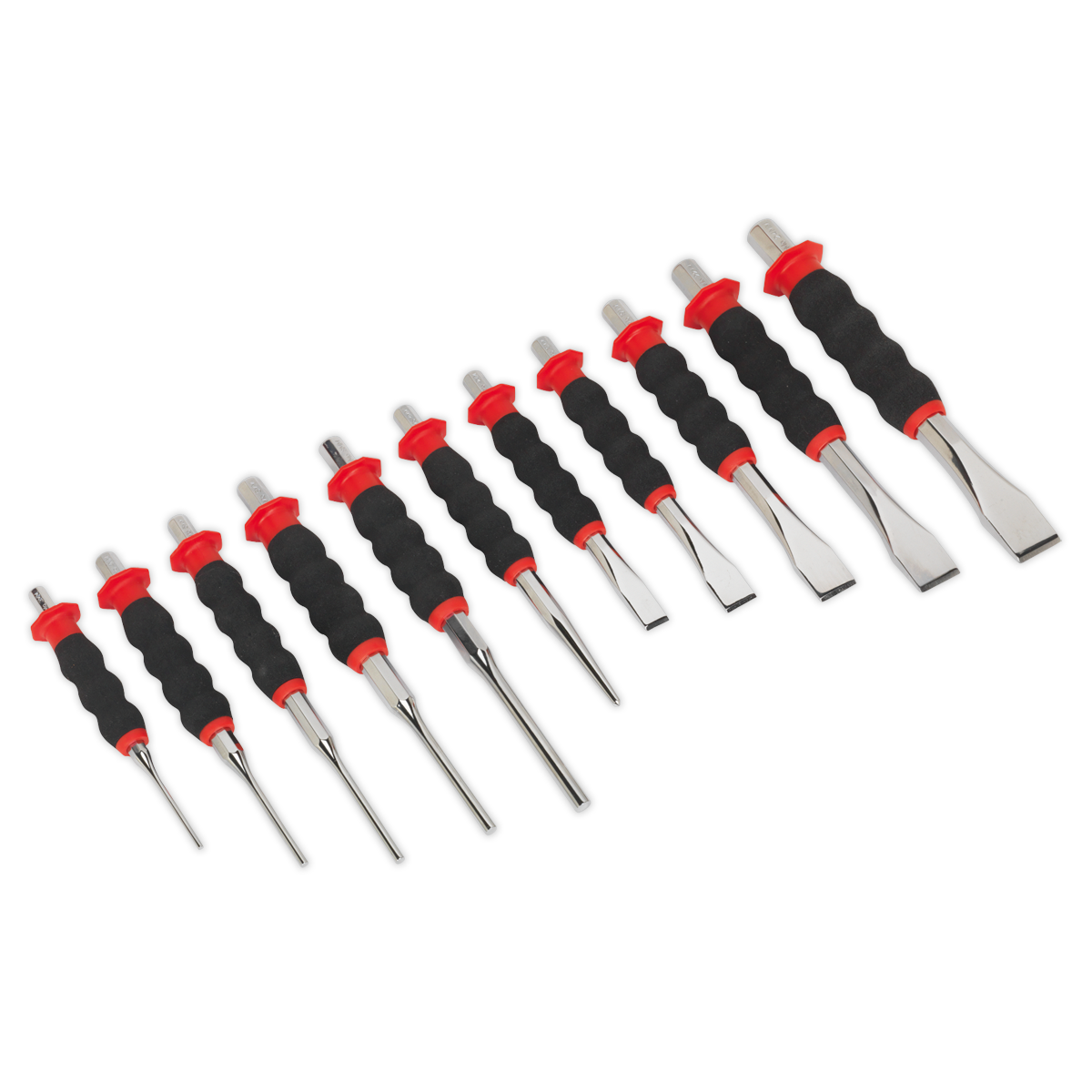 The Sheathed Punch & Chisel Set 11pc - AK9135 by Sealey includes 11 precision chisel tools with black and red handles, crafted from durable Chrome Molybdenum steel, arranged in size order from left to right for professional use.