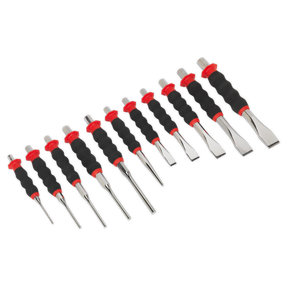 The Sheathed Punch & Chisel Set 11pc - AK9135 by Sealey includes 11 precision chisel tools with black and red handles, crafted from durable Chrome Molybdenum steel, arranged in size order from left to right for professional use.
