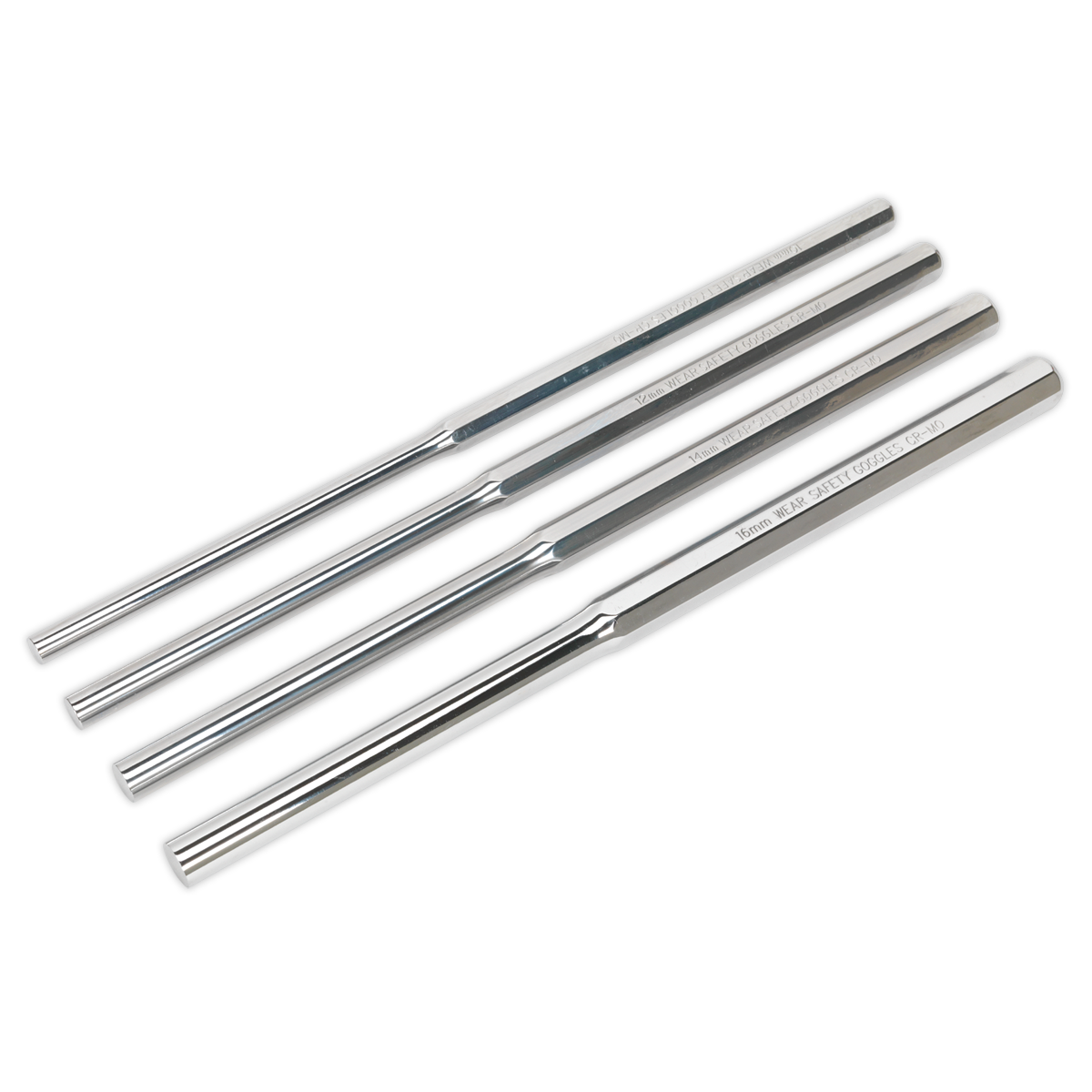 Four extra-long cylindrical rods, crafted from Chrome Molybdenum steel with engraved text on their surfaces, arranged parallel to each other for professional use, come as part of the Sealey Parallel Pin Punch Set 4pc - AK9147.