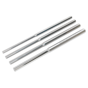 Four extra-long cylindrical rods, crafted from Chrome Molybdenum steel with engraved text on their surfaces, arranged parallel to each other for professional use, come as part of the Sealey Parallel Pin Punch Set 4pc - AK9147.