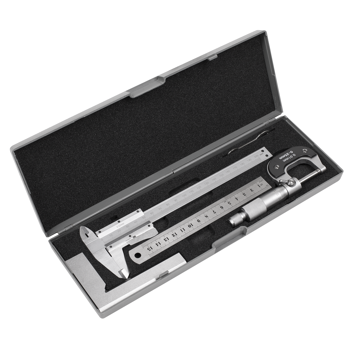 The Measuring Tool Set 4pc - AK91SET by Sealey includes a metallic caliper, micrometer, and stainless steel rule, all placed inside an open black foam-lined gray case.