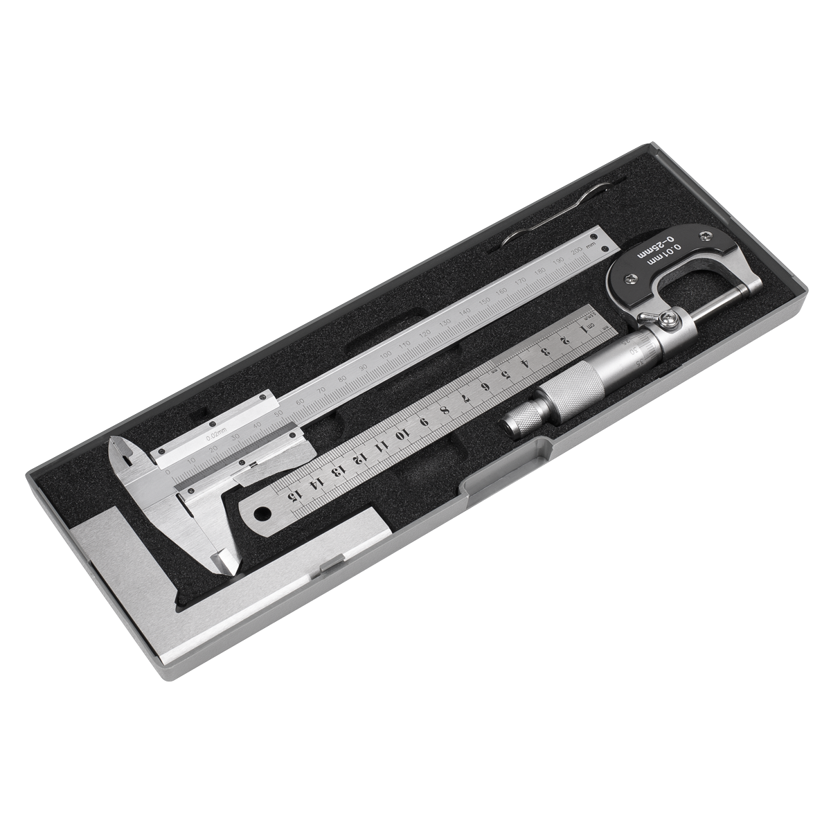 A packed box containing the Sealey Measuring Tool Set 4pc - AK91SET, which includes a micrometer, a vernier caliper, and stainless steel rulers, all nestled in black foam.