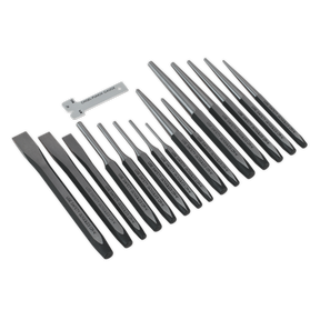 Introducing the Sealey Punch & Chisel Set 16pc - AK9216, a robust collection crafted from durable Chrome Vanadium steel, with black handles organized from smallest to largest. This comprehensive set also includes a convenient Chisel Gauge tool.