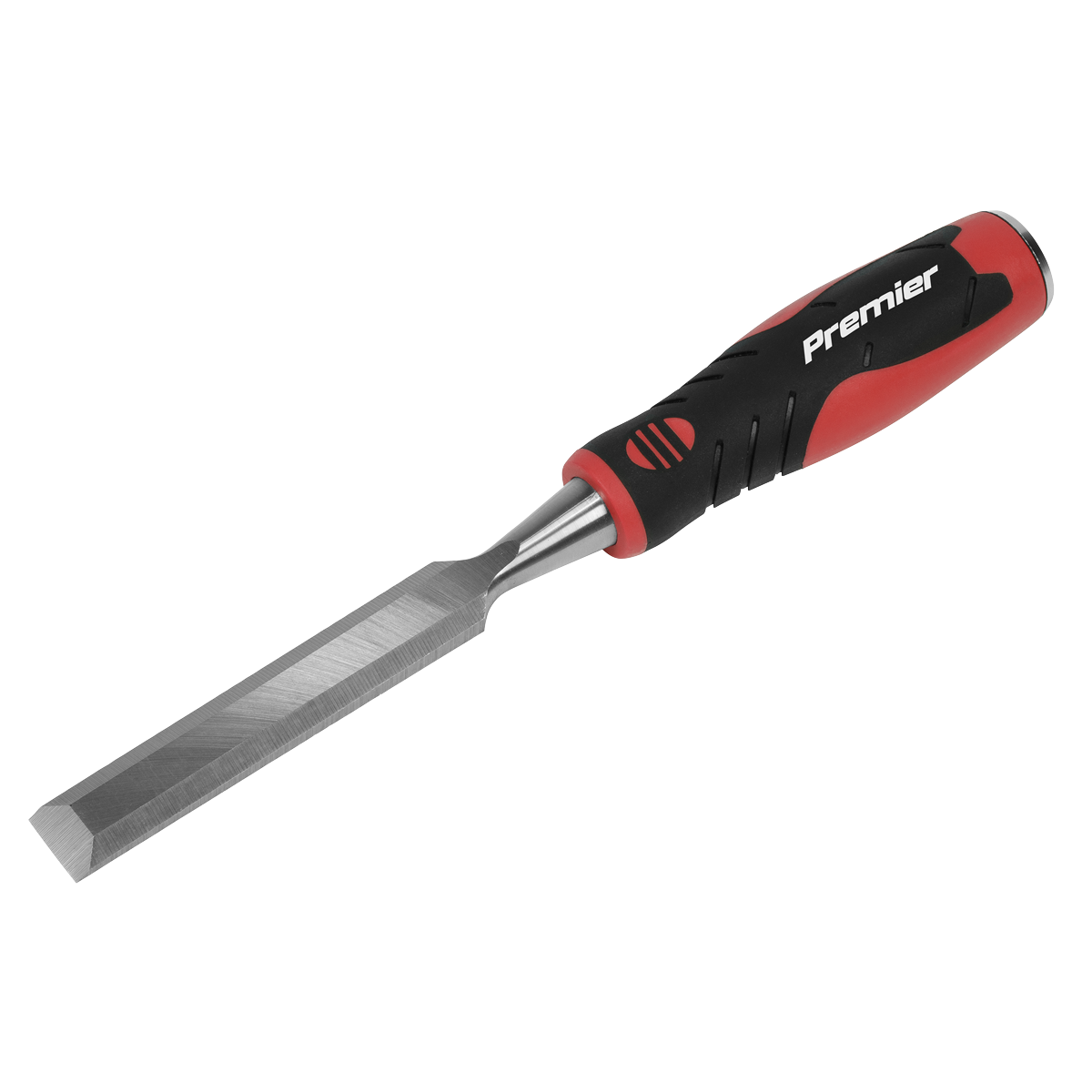 A Sealey Hammer-Thru Wood Chisel 19mm - AK9234, with a red and black rubberized handle and a bevel-edged blade crafted from Chrome Vanadium steel.