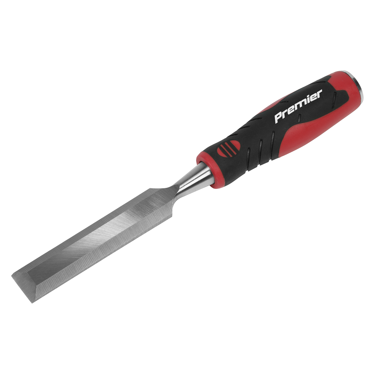 A Hammer-Thru Wood Chisel 25mm - AK9235 from Sealey, featuring a sharp, bevel-edged blade crafted from Chrome Vanadium steel and a red-and-black handle labeled "Premier Hand Tools.