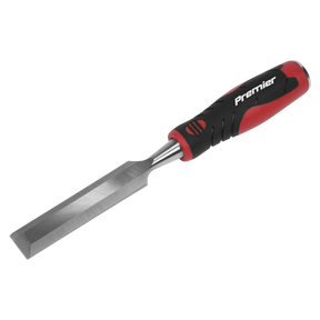 A Hammer-Thru Wood Chisel 25mm - AK9235 from Sealey, featuring a sharp, bevel-edged blade crafted from Chrome Vanadium steel and a red-and-black handle labeled "Premier Hand Tools.