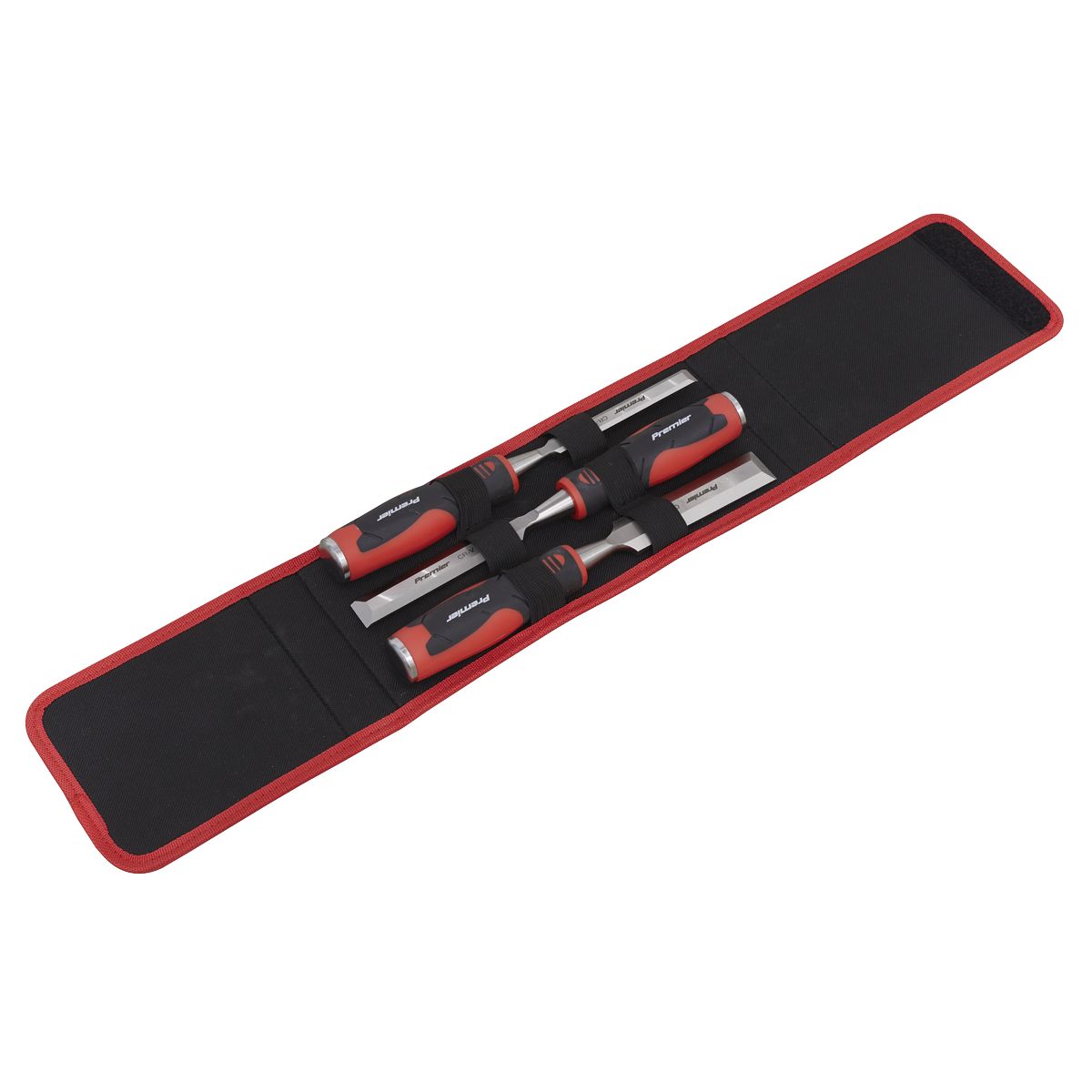 A set of three Sealey Hammer-Thru Wood Chisels, model AK9238, with red and black handles is displayed on an open black and red fabric case, featuring durable Chrome Vanadium steel bevel-edged blades.