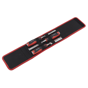 A set of three Sealey Hammer-Thru Wood Chisels, model AK9238, with red and black handles is displayed on an open black and red fabric case, featuring durable Chrome Vanadium steel bevel-edged blades.