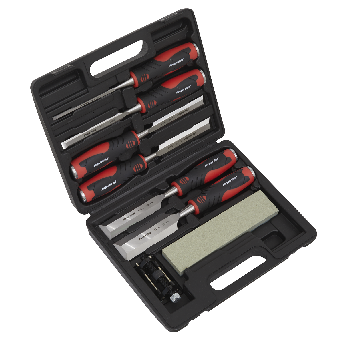 A Sealey Hammer-Thru Wood Chisel 8pc Set - AK9240, complete with red and black handles, along with a sharpening stone and other small tools, is displayed in a sleek black carrying case.