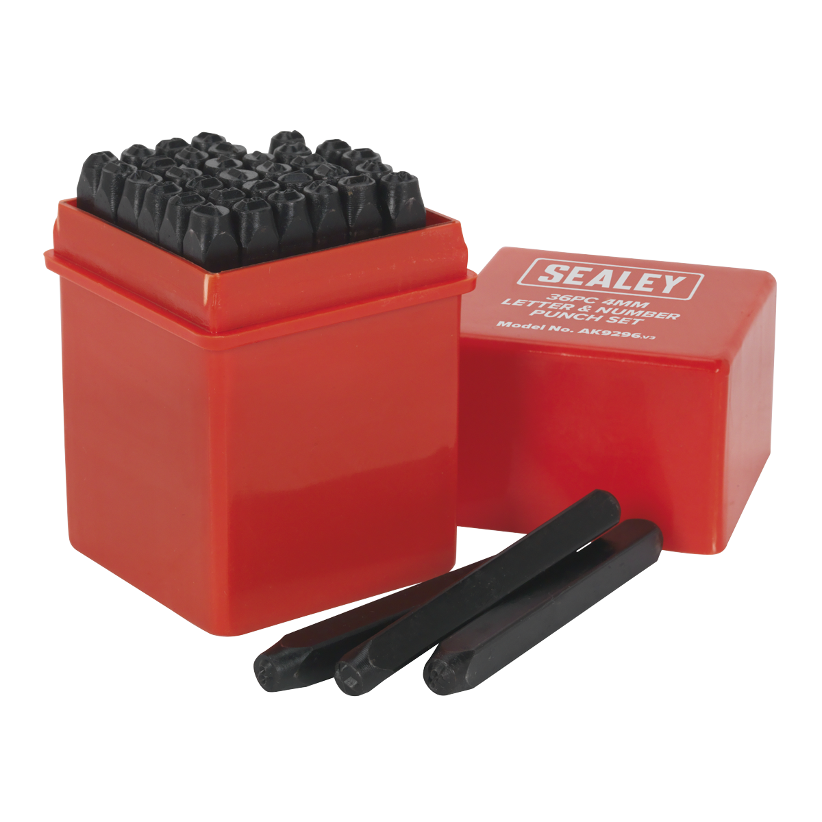 A red box labeled with "Sealey" containing the Sealey Letter & Number Punch Set 36pc 4mm - AK9296, made from high carbon steel for alpha-numeric characters. The lid is removed and placed beside the box, with three 4mm character height punches lying next to it.