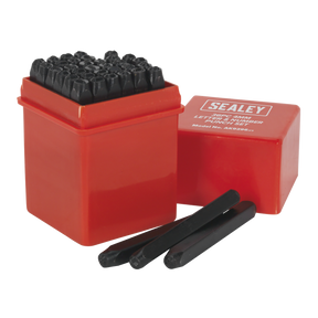 A red box labeled with "Sealey" containing the Sealey Letter & Number Punch Set 36pc 4mm - AK9296, made from high carbon steel for alpha-numeric characters. The lid is removed and placed beside the box, with three 4mm character height punches lying next to it.