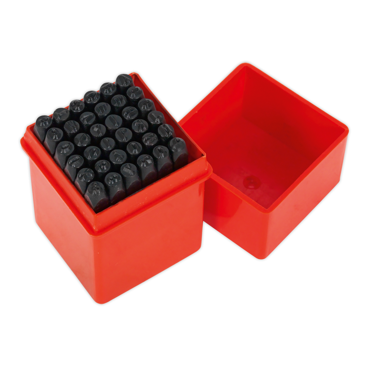 The Sealey Letter & Number Punch Set 36pc 4mm - AK9296 comes in a red plastic box with a lid, containing an upright set of high carbon steel punches arranged in a grid. The black metal stamps feature alphanumeric characters with a 4mm character height.