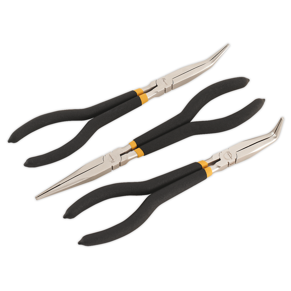 Three black-handled Sealey Needle Nose Pliers from the 3-piece 280mm Ni-Fe Finish set (AK930), with non-slip foam grips, featuring straight, 45-degree, and 90-degree tips, arranged side by side.