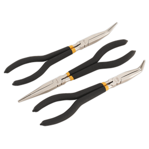 Three black-handled Sealey Needle Nose Pliers from the 3-piece 280mm Ni-Fe Finish set (AK930), with non-slip foam grips, featuring straight, 45-degree, and 90-degree tips, arranged side by side.