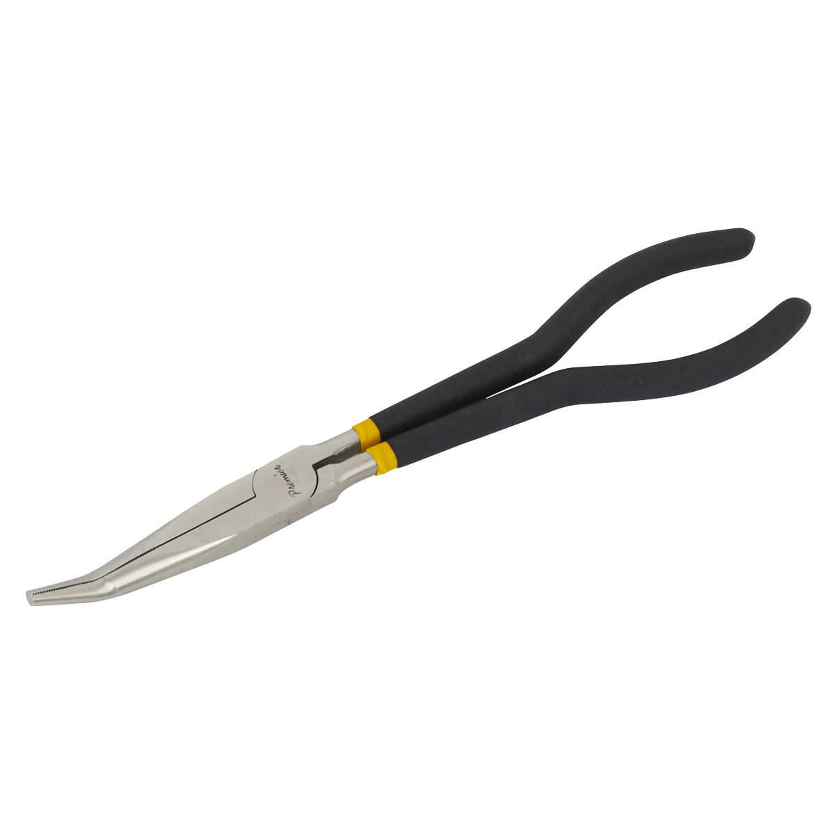 Needle Nose Pliers 280mm Offset Ni-Fe Finish - AK935 from Sealey, featuring a bent tip and black non-slip foam grip handles, showcased against a white background.