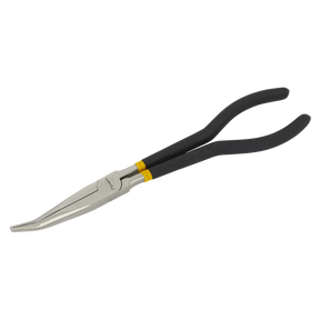 Needle Nose Pliers 280mm Offset Ni-Fe Finish - AK935 from Sealey, featuring a bent tip and black non-slip foam grip handles, showcased against a white background.