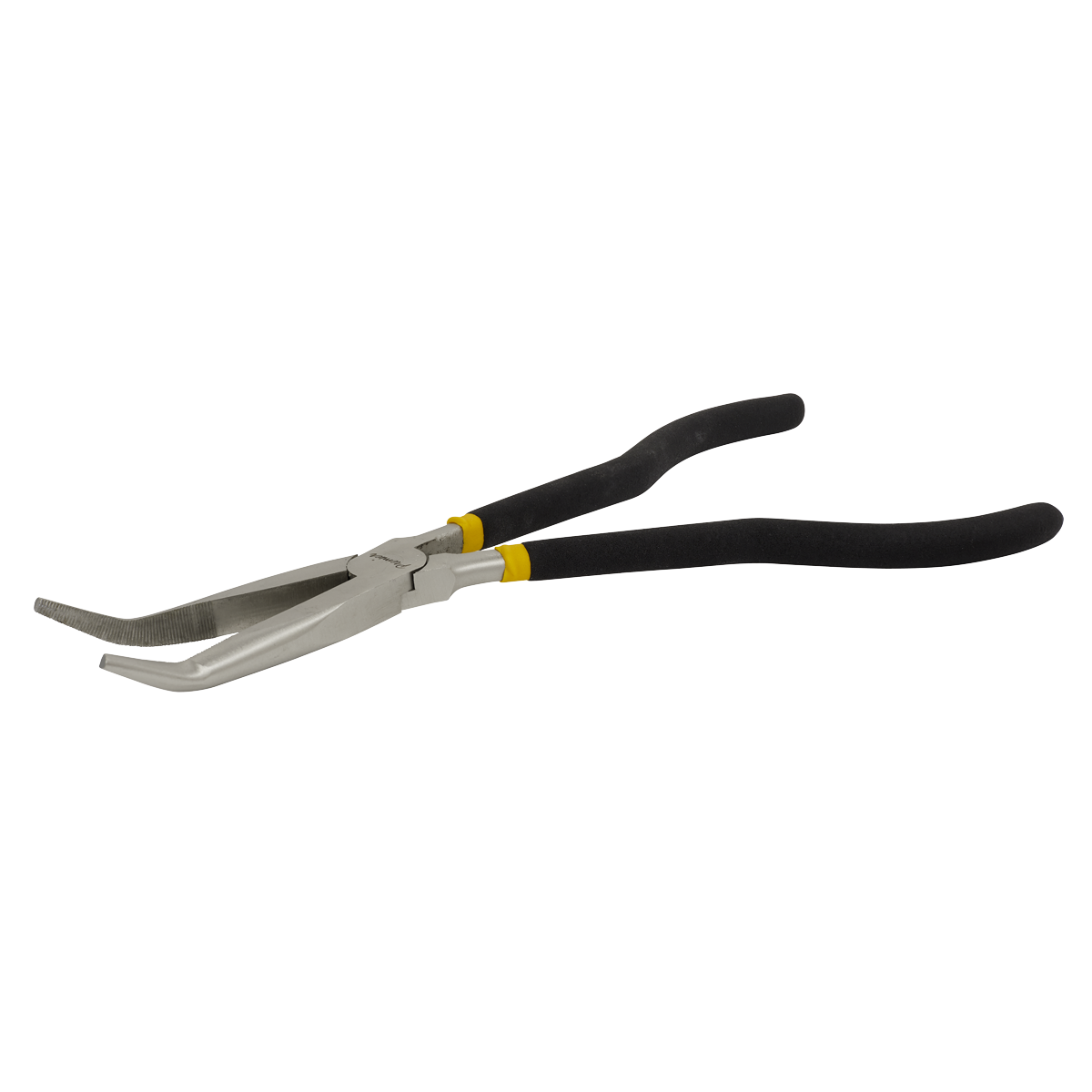 The Sealey Needle Nose Pliers 280mm Offset Ni-Fe Finish - AK935 feature black handles with yellow detailing and a bent tip for precision work. These pliers have a non-slip foam grip for added control and come with a lifetime guarantee.