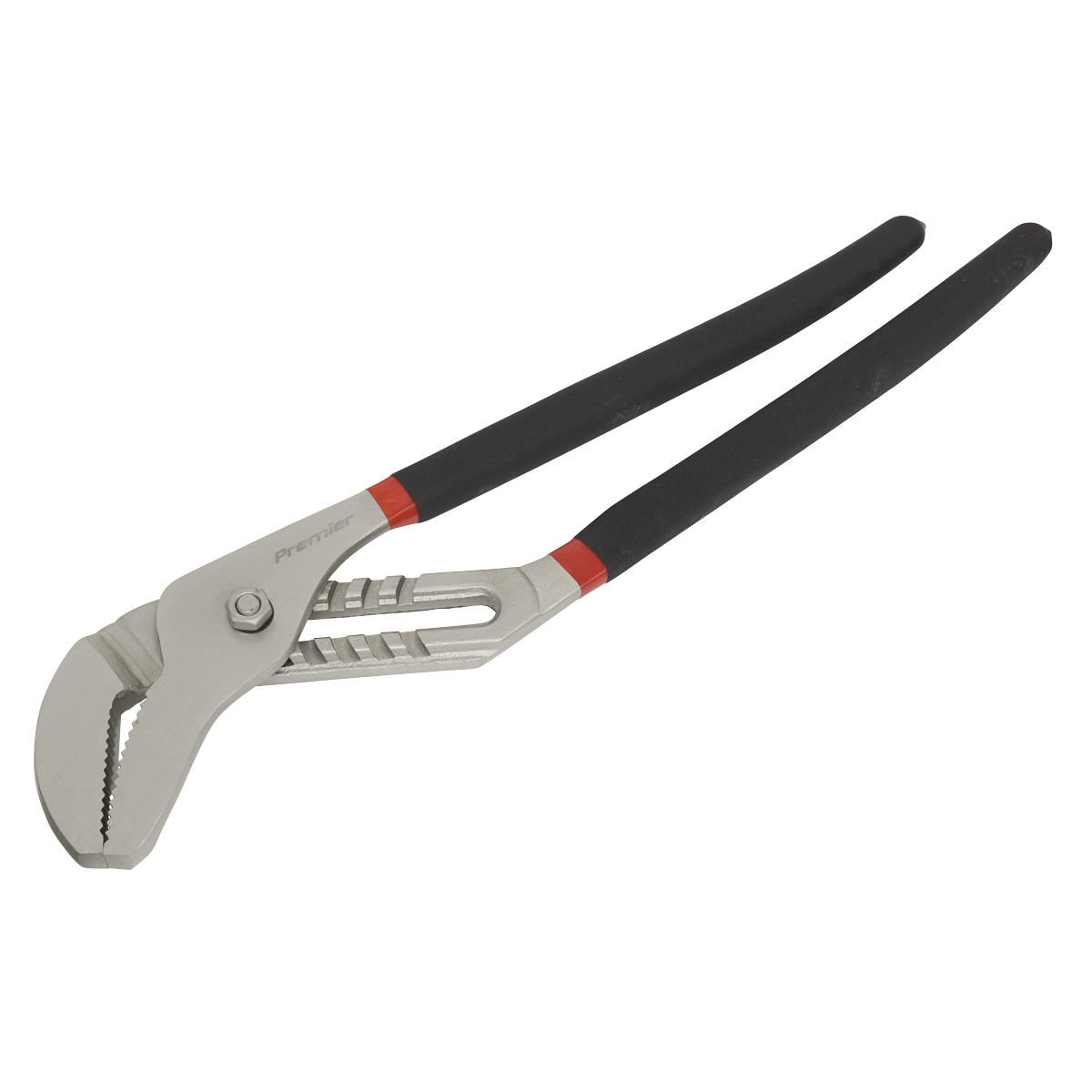 The Sealey Water Pump Pliers 400mm Ni-Fe Finish - AK9370 features a professional hand tools design with black handles, a metal jaw, and red accents near the joint. Enhanced with a non-slip foam grip for superior control.