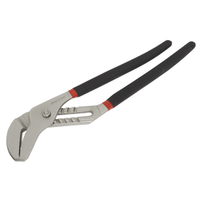 The Sealey Water Pump Pliers 400mm Ni-Fe Finish - AK9370 features a professional hand tools design with black handles, a metal jaw, and red accents near the joint. Enhanced with a non-slip foam grip for superior control.