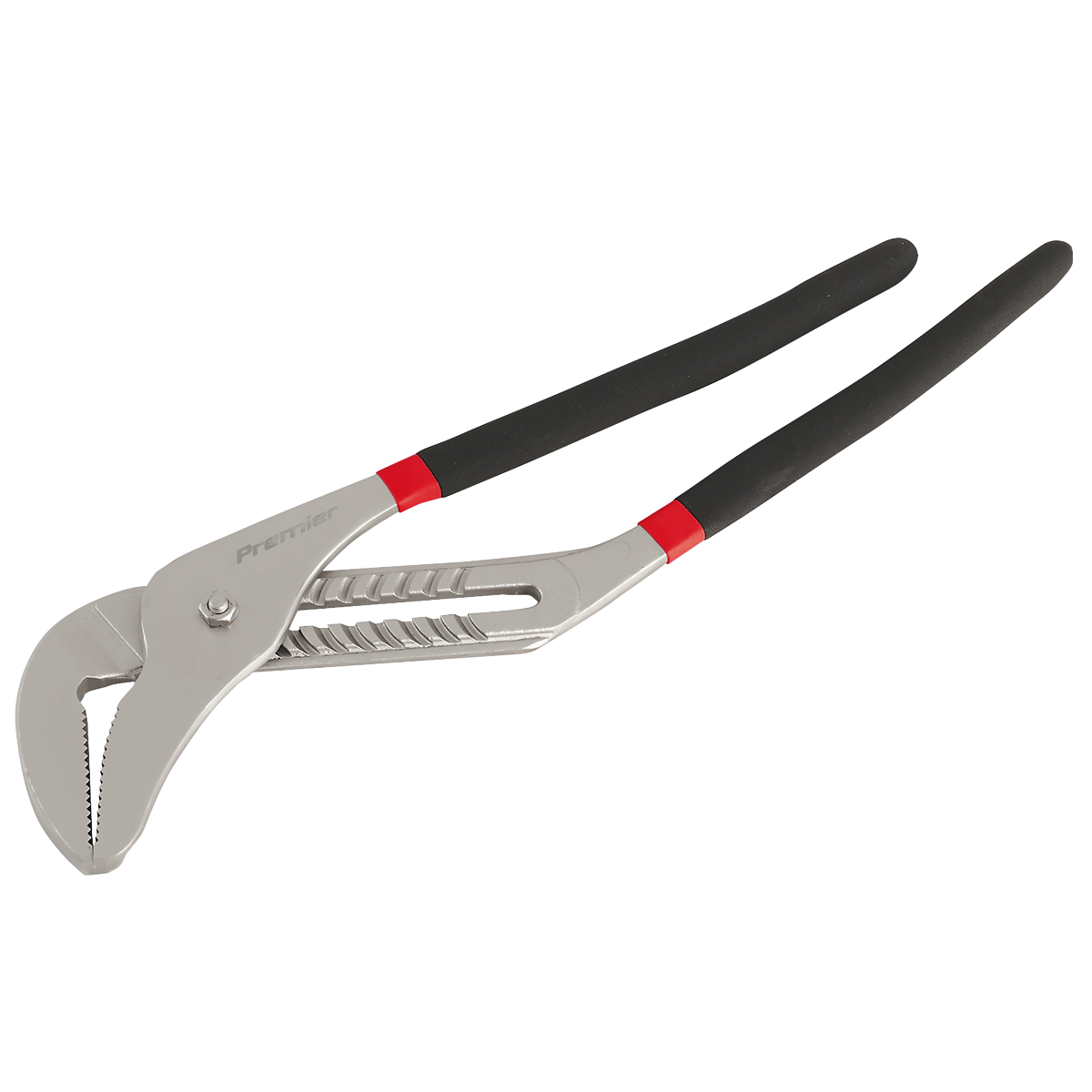 A pair of Water Pump Pliers 500mm Ni-Fe Finish - AK9371 from Sealey, featuring black rubberized handles with a non-slip foam grip and a metal gripping jaw.