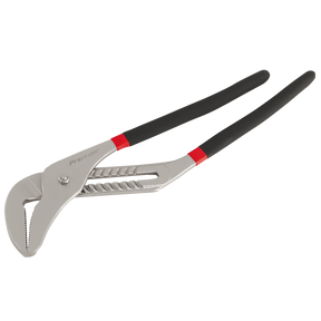 A pair of Water Pump Pliers 500mm Ni-Fe Finish - AK9371 from Sealey, featuring black rubberized handles with a non-slip foam grip and a metal gripping jaw.