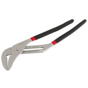 A pair of Water Pump Pliers 500mm Ni-Fe Finish - AK9371 from Sealey, featuring black rubberized handles with a non-slip foam grip and a metal gripping jaw.