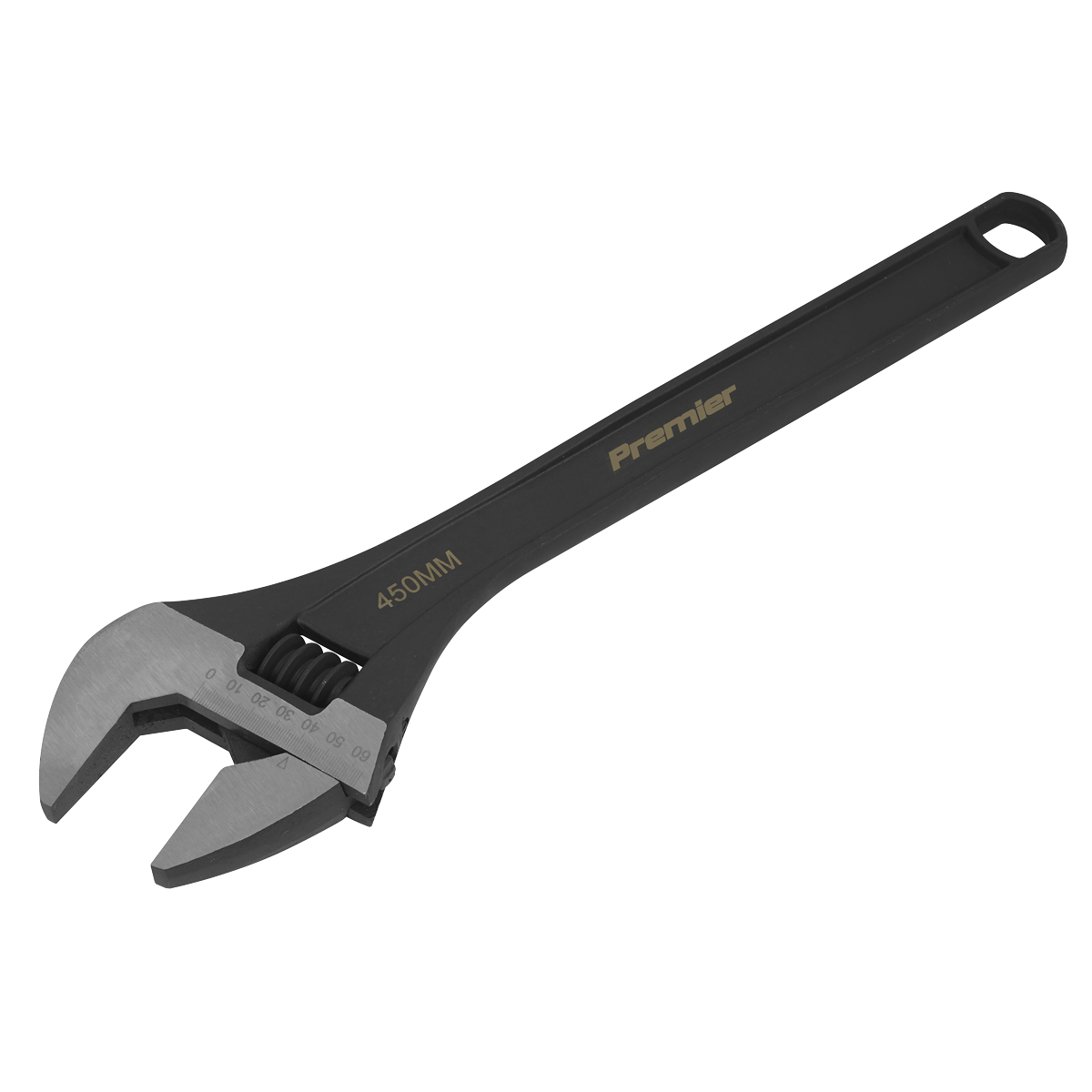 A black and silver adjustable wrench marked 450MM with the brand name "Sealey" on the handle, featuring hardened and heat-treated, precision-ground jaws.