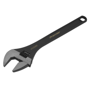 A black and silver adjustable wrench marked 450MM with the brand name "Sealey" on the handle, featuring hardened and heat-treated, precision-ground jaws.