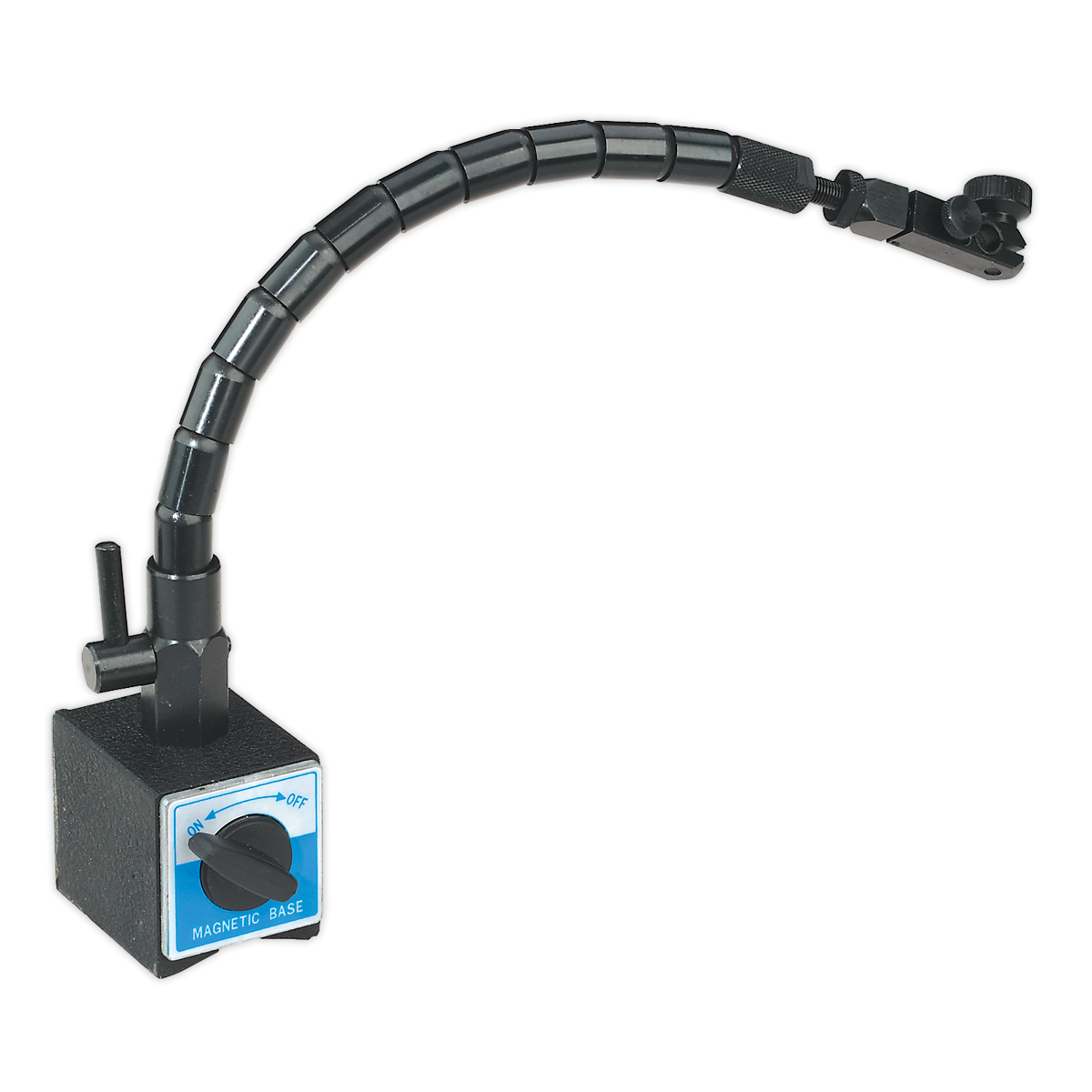 Displayed is the Sealey Flexible Magnetic Stand without Indicator Fine Adjustment - AK959, featuring an articulated, segmented, and flexible main shaft. The stand is connected to a magnetic base with a blue control panel and switch.