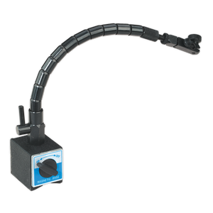 Displayed is the Sealey Flexible Magnetic Stand without Indicator Fine Adjustment - AK959, featuring an articulated, segmented, and flexible main shaft. The stand is connected to a magnetic base with a blue control panel and switch.