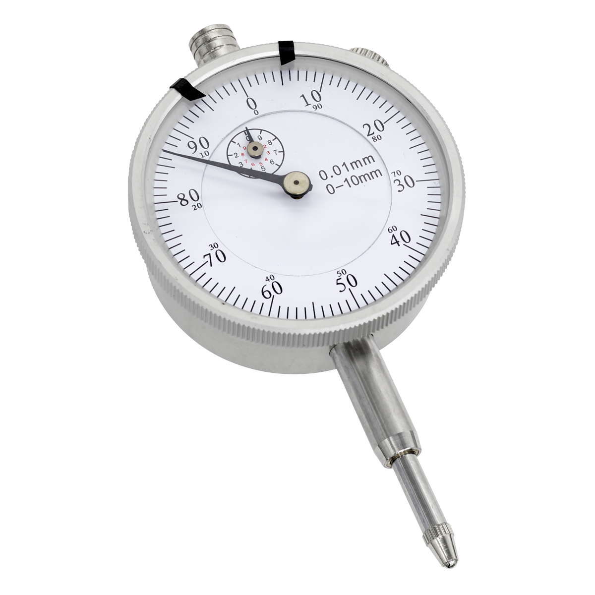 A close-up image of the Sealey Dial Gauge Indicator 10mm Travel Metric (AK961M) featuring a Ø58mm dial that displays measurements in millimeters from 0 to 10 mm. The device includes a smaller inset dial for more precise readings and an interchangeable foot, adding to its versatility and utility in various applications.