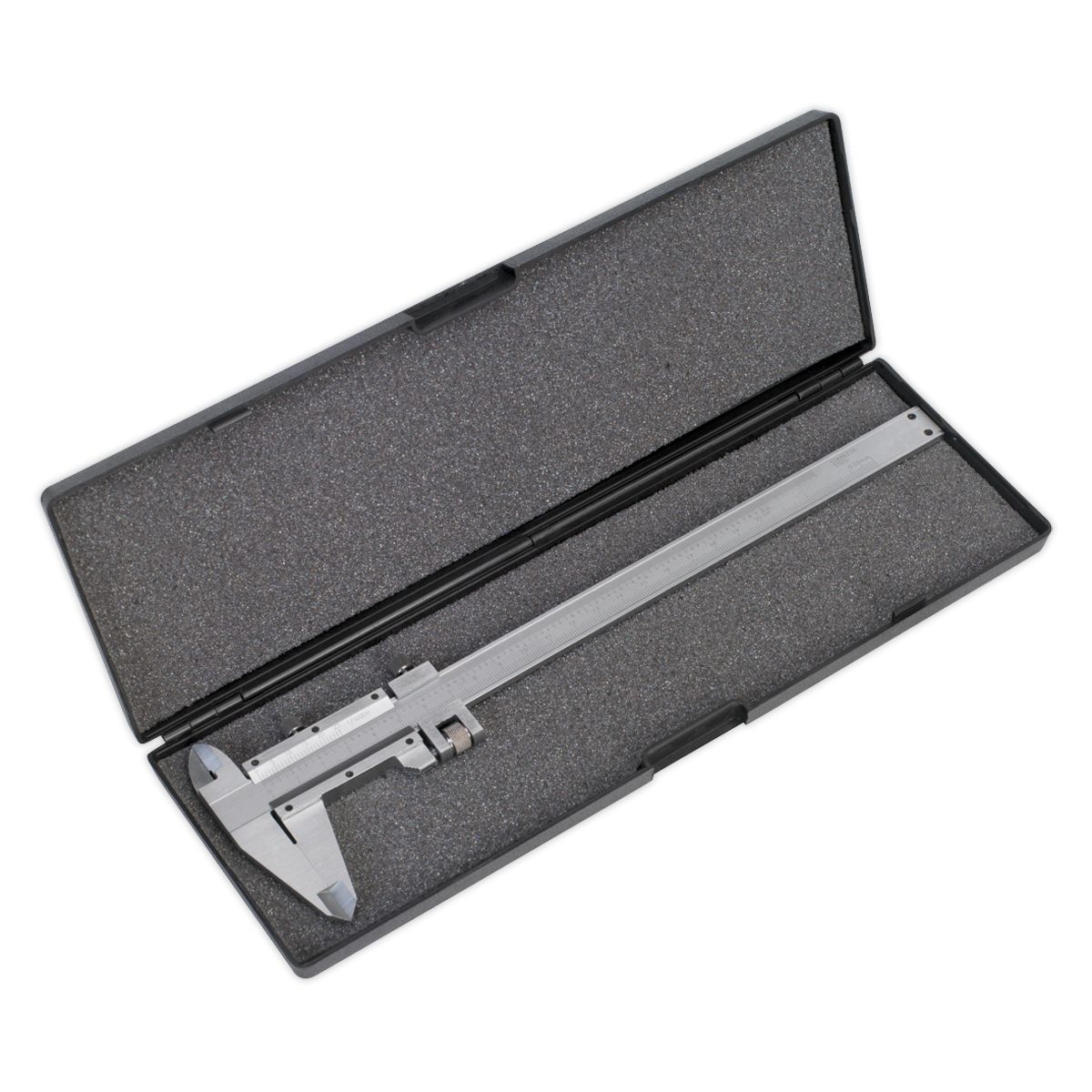 The Sealey Vernier Caliper 200mm (8") (0.02mm - 1/1000" Accuracy) - AK9622 is displayed in an open, rectangular, foam-lined black case, positioned diagonally within the case.