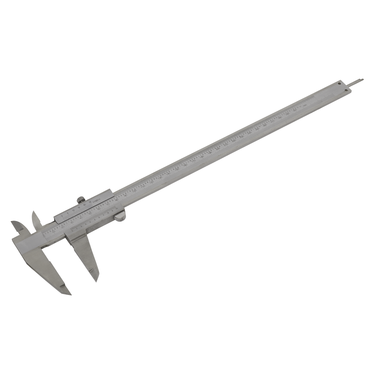 Close-up of the Sealey Vernier Caliper 300mm(12") (0.02mm - 1/1000" Acc) - AK9623, a stainless steel instrument featuring a sliding scale for precise length measurements. This caliper is equipped with both internal and external measuring jaws, and includes metric and imperial scales for versatile use.