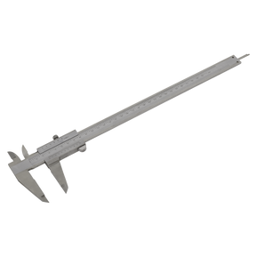 Close-up of the Sealey Vernier Caliper 300mm(12") (0.02mm - 1/1000" Acc) - AK9623, a stainless steel instrument featuring a sliding scale for precise length measurements. This caliper is equipped with both internal and external measuring jaws, and includes metric and imperial scales for versatile use.