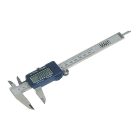 The Sealey Digital Vernier Caliper 0-150mm(0-6") - AK962EV displays a precise measurement of 22.120 mm on its large LCD screen. Featuring a blue and silver design, this stainless steel tool offers both metric and imperial calibration for versatile use.