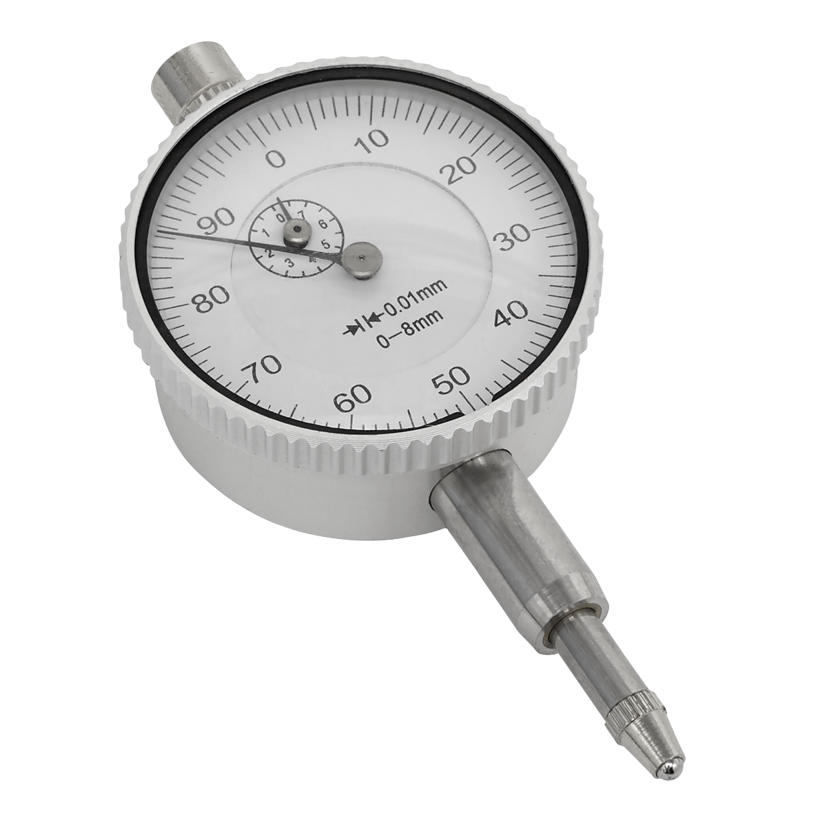 The Sealey Dial Gauge Metric 8mm Deflection - AK9634M is an analog dial indicator gauge with a compact design, offering a measurement range of 0-8mm with 0.01mm increments, ideal for automotive applications.