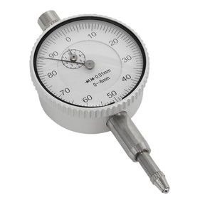 The Sealey Dial Gauge Metric 8mm Deflection - AK9634M is an analog dial indicator gauge with a compact design, offering a measurement range of 0-8mm with 0.01mm increments, ideal for automotive applications.