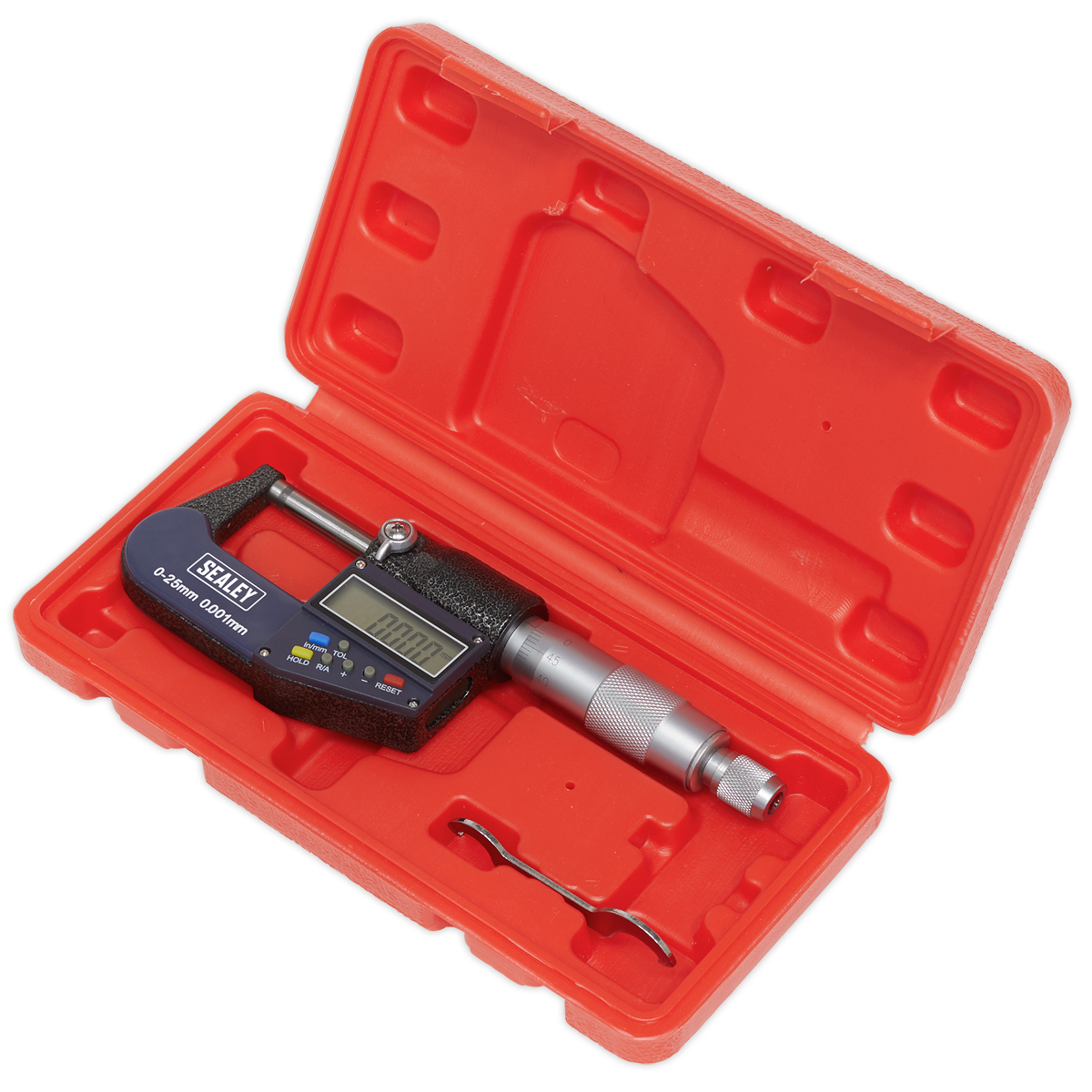 The Sealey Digital External Micrometer 0-25mm (0-1") - AK9635D is housed in an open red plastic case with a small adjustment tool. Its large LCD read-out clearly displays precise measurement capabilities in both metric and imperial units.