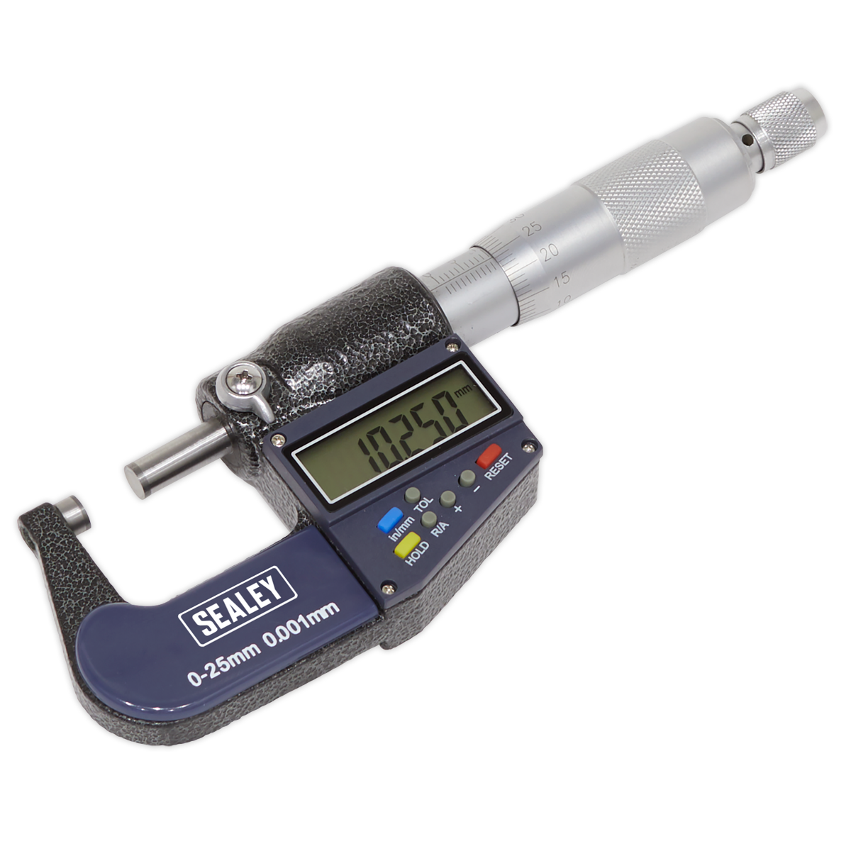 A Sealey Digital External Micrometer 0-25mm (0-1") - AK9635D, featuring a large LCD read-out displaying "10.250," includes adjustment knobs and measures with 0.001mm precision in both metric and imperial units.