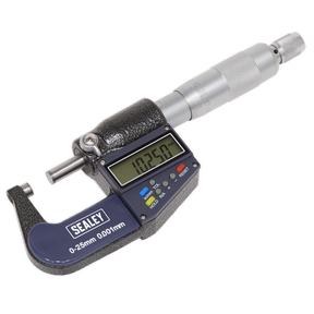 A Sealey Digital External Micrometer 0-25mm (0-1") - AK9635D, featuring a large LCD read-out displaying "10.250," includes adjustment knobs and measures with 0.001mm precision in both metric and imperial units.