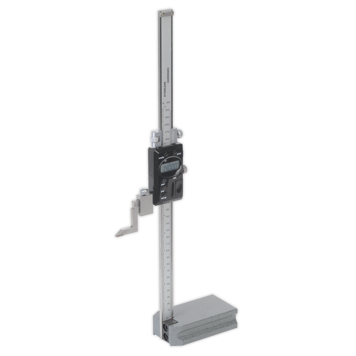 The Sealey Digital Height Gauge 0-300mm (0-12") - AK9636D features a precision ground base, vertical ruler, and digital display for precise measurements. It includes a fine adjustment control carriage and a 6-button electronic gauge for enhanced accuracy.