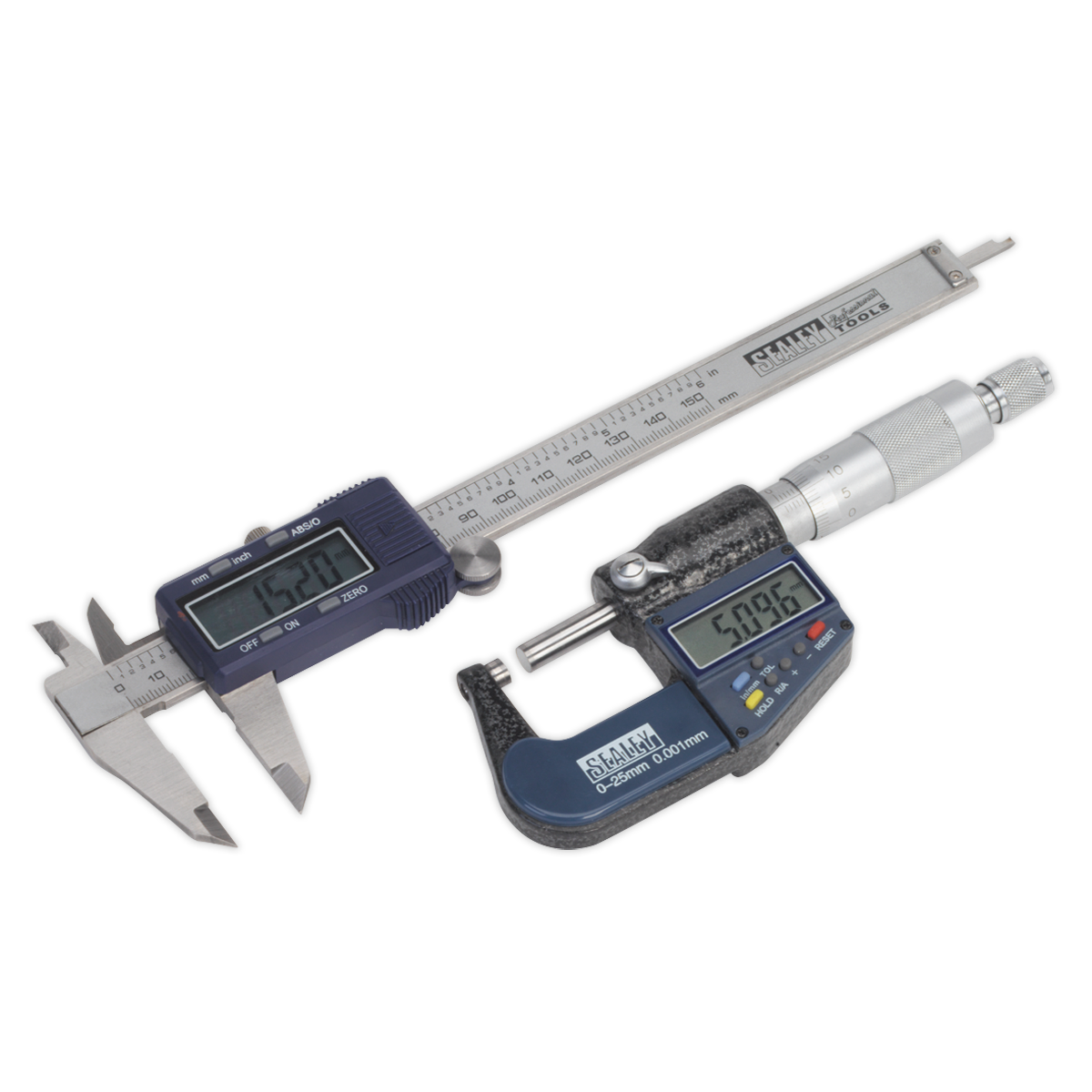 Image of the Sealey Digital Measuring Set 2pc (AK9637D), featuring a digital vernier caliper and a digital micrometer, both with clear LCD readouts. The digital vernier caliper shows 15.20 mm, while the micrometer displays 5.096 mm.